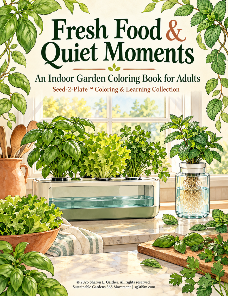 Fresh Food & Quiet Moments, an indoor garden coloring book for adults